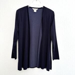Exclusively Misook Knit Open Front Cardigan Sweater Large Navy Pinstriped Modest